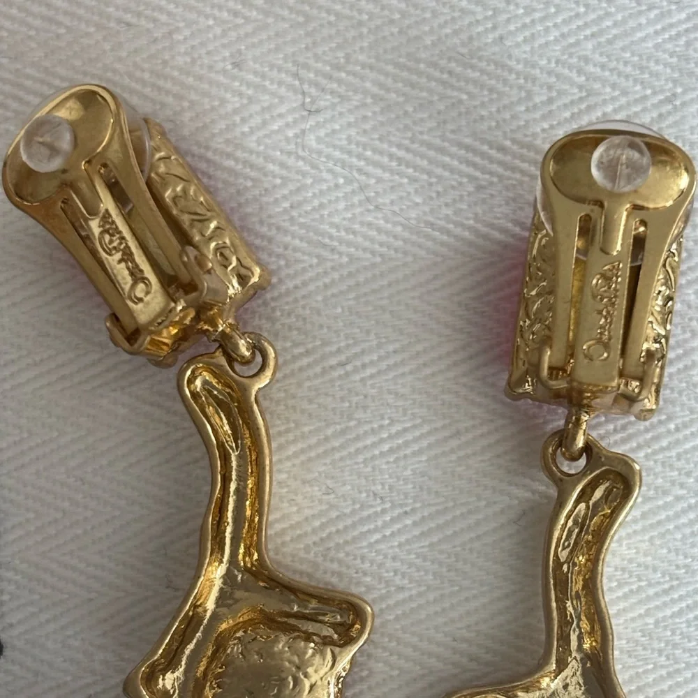 OSCAR de la RENTA Gold Pink Crystal Pearl Flora Branch Drop Earrings Branch